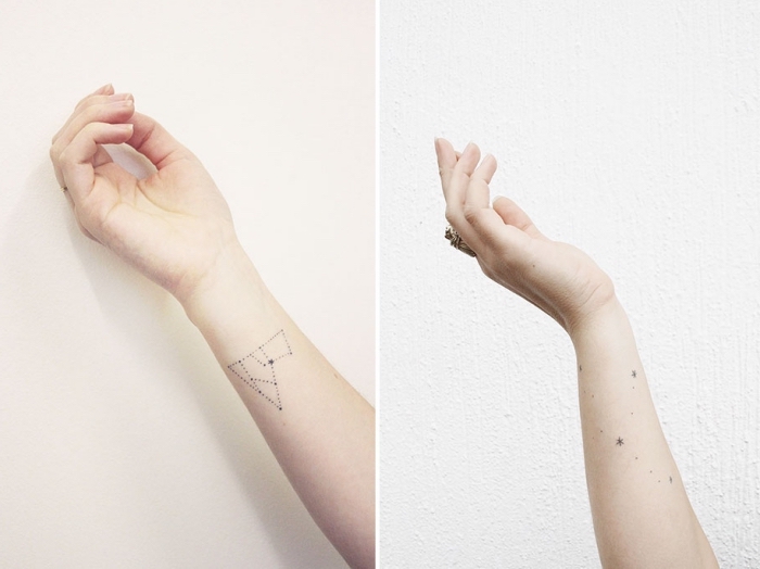modele tatouage sur le thème d'astronomie, exemple de dessin en encre minimaliste aux motifs constellations et étoiles