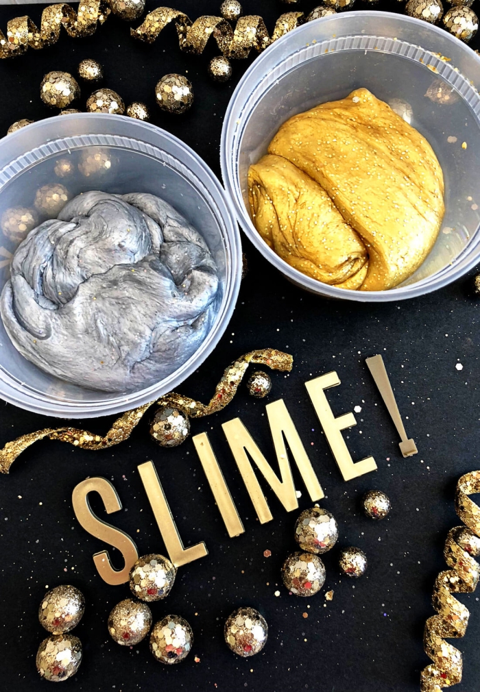 recette diy pour fabriquer du slime argenté ou doré aux reflets métalisés pour les fêtes de la fin de l'année