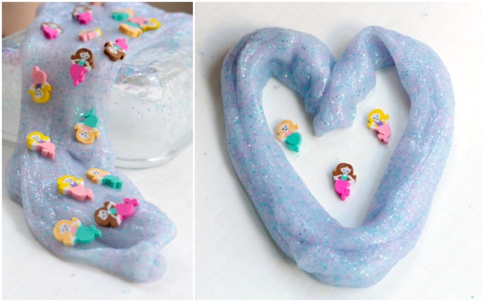 recette du slime sirène bleu à paillettes décoré avec des figurines 