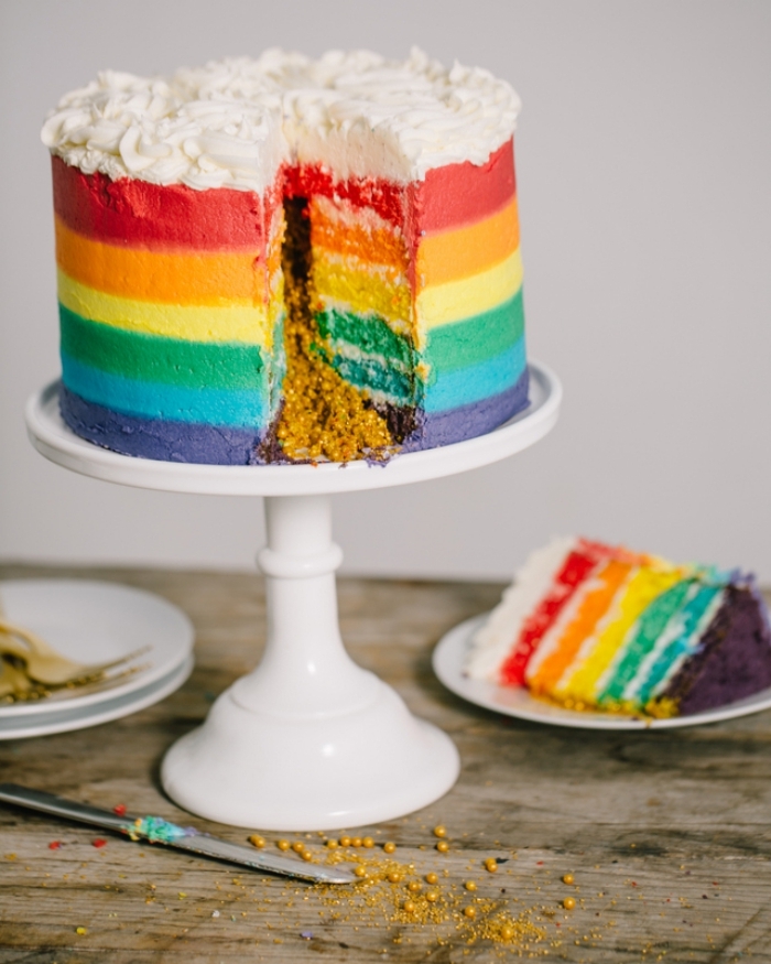 comment faire un gateau rainbow cake original avec une surprise à l'intérieur, recette de pinata cake aux couleurs de l'arc-en-ciel, décoré avec du glaçage multicolore sur les côtés du gâteau