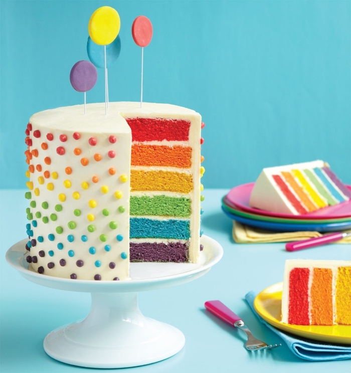 recette layer cake arc-en-ciel à base de génoises multicolore nappé de glaçage au beurre et décoré avec des perles en sucre multicolore