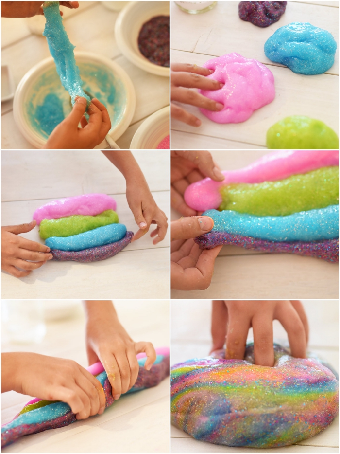 comment faire du slime avec de la colle liquide pailletée, recette de pâte gluante arc-en-ciel facile à réaliser avec les enfants