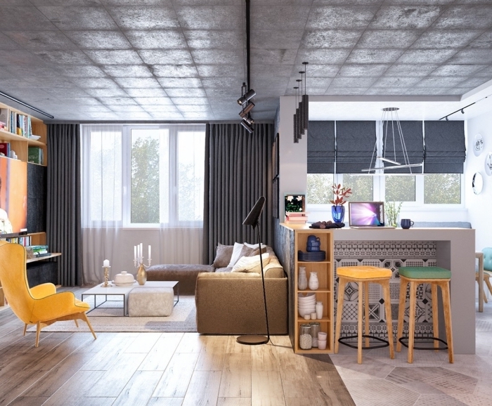 idée quelle couleur associer au gris dans un salon au plafond et murs neutres décoré avec meubles et accessoires flashy jaune