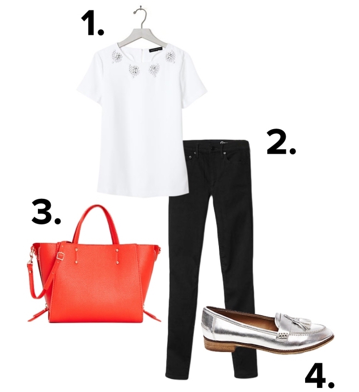 comment s habiller pour un entretien d embauche en blouse blanche et pantalon noir combinés avec sac à main rouge et escarpins gris