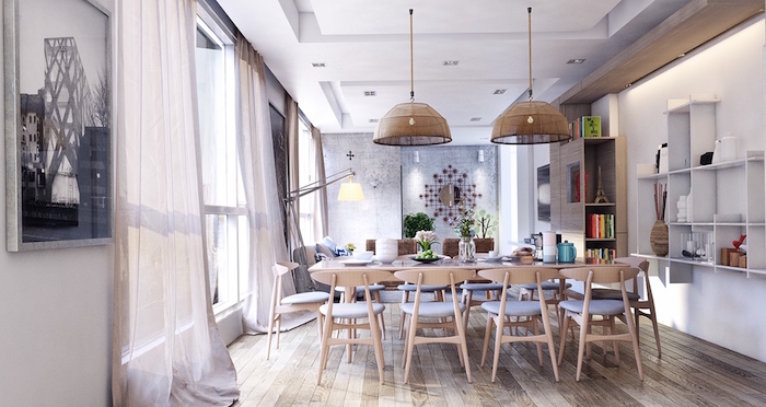 salle à diner contemporaine scandinave blanche avec meubles et parquet en bois