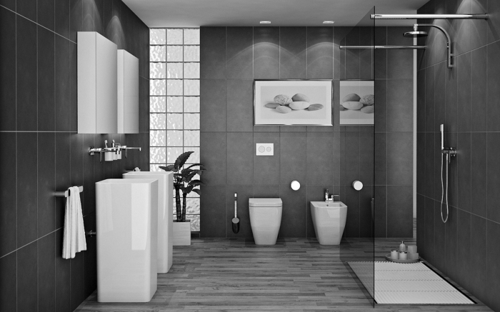 décoration de la salle de bain moderne bicolore avec carrelage en gris anthracite et meubles blancs, quelle plante pour salle de bain