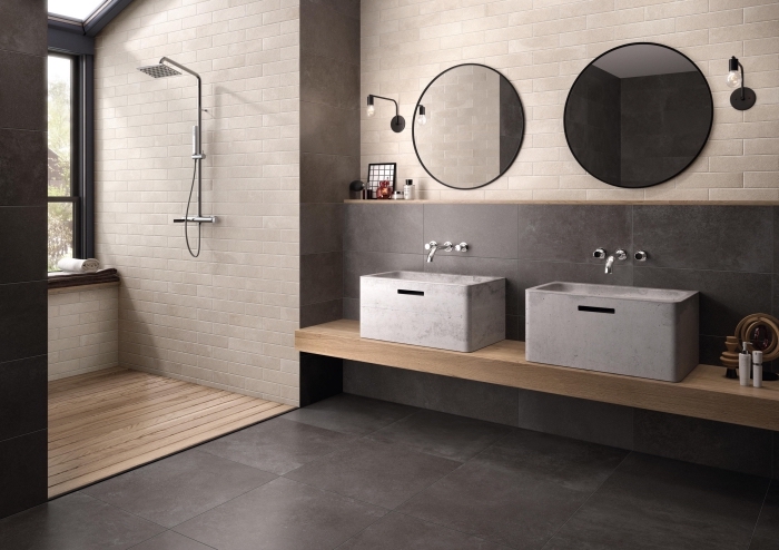 exemple de décoration d intérieur stylé dans une salle de bain aménagée en couleurs neutres avec carrelage gris anthracite