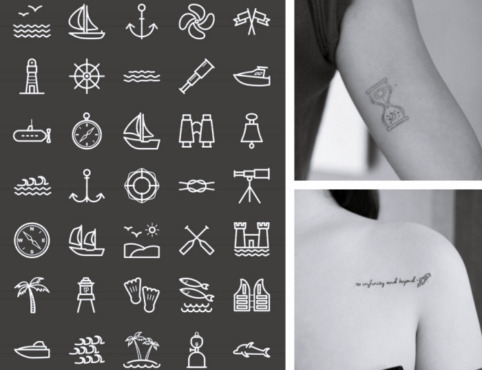 plusieurs idées pour choisir son petit tatouage femme à design symboliques, mini symboles sur le thème de voyage et d'aventure pour se faire un tattoo