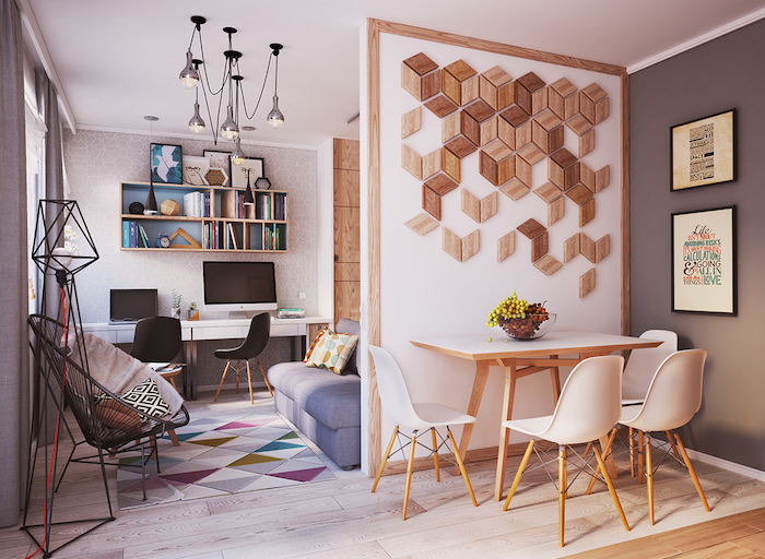 cloison en bois design pour separation de cuisine et salon dans petit appartement