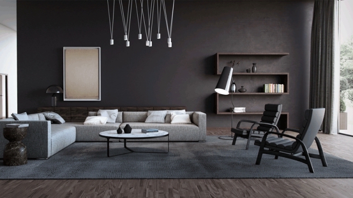 idée design intérieur moderne dans un salon large aux murs gris anthracite aménagé avec meubles noir et gris clair