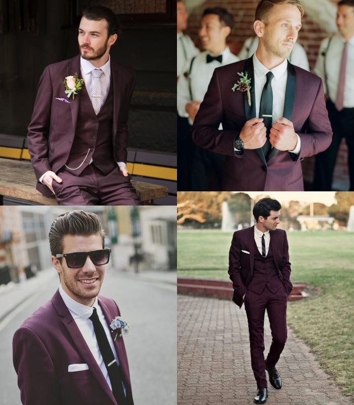 comment porter le costume bordeaux homme, quatre looks tendance en costume bordeaux avec un tombé parfait