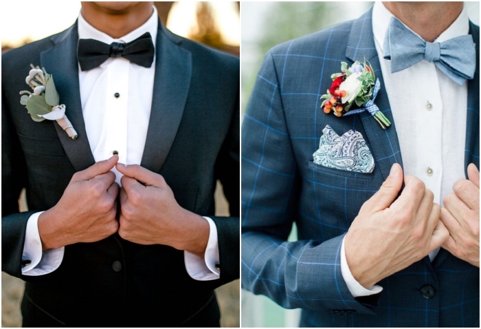 quelle costume marié porter avec un noeud papillon, deux modèles de vestes tendance à carreaux ou à revers constrasté