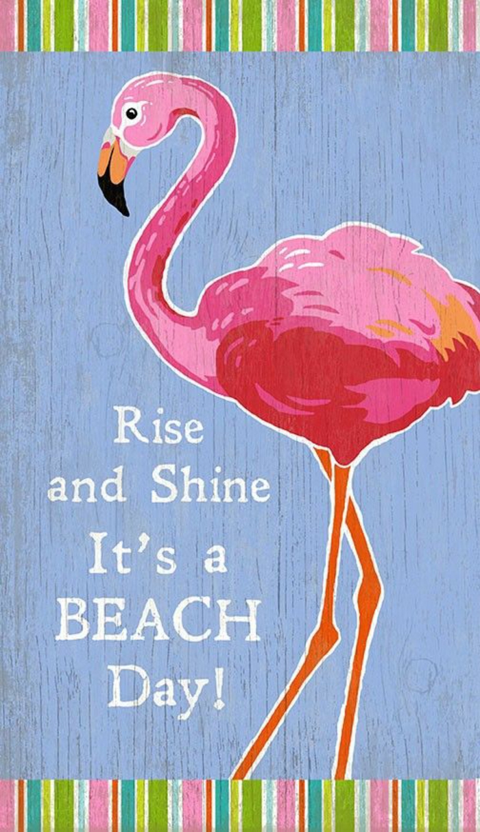 cloison de plage avec décoration peinture en bleu pastel avec un flamant rose, deco exotique, cloison avec des rayures verticales en rose et vert réséda 
