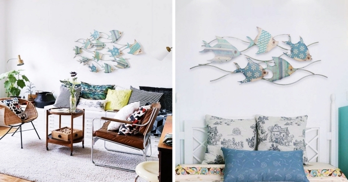 design intérieur cozy aux murs blancs avec large tapis moelleux et coussins décoratifs, modèle de création murale en métal à design poissons