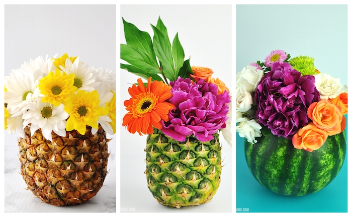 exemple d activité manuelle pour ado en ananas ou pasteque vidé avec bouquet de fleurs à l intérieur