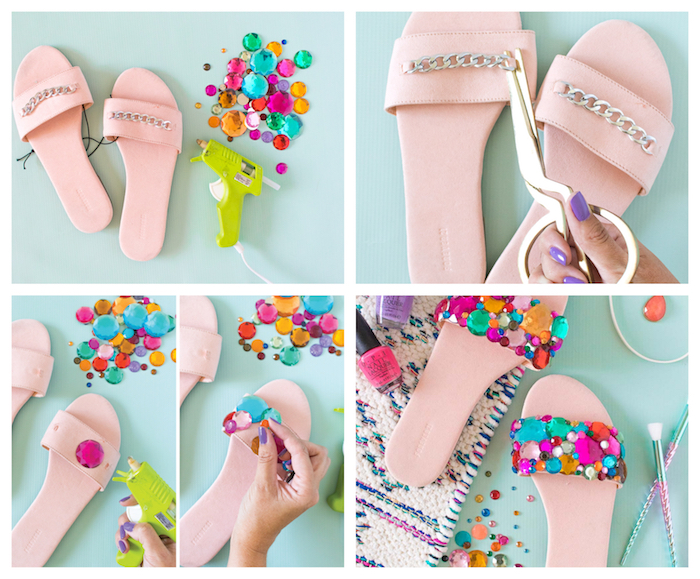 activité manuelle facile et rapide en sandales femme rose décorées de strass et pierres colorées, customiser ses chaussures