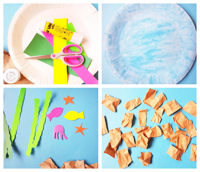 activité manuelle maternelle, fonds marins, assiette en papier bleue décoré d algues, poissons en papier coloré et sable en papier kraft