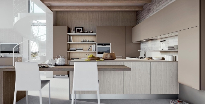quelle couleur combiner avec meubles en bois pour aménager une cuisine moderne, modèle d'escalier blanc