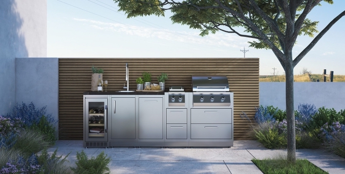 design moderne d'une cuisine de jardin avec modules en inox et plan de travail en granit, modèle d'évier extérieur