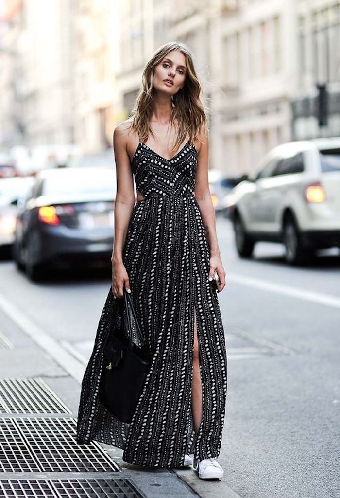 Adorable tenue pour l'été robe longue à pois blanc robe noire robe longue fendue chic hippie robe maxi modèle original