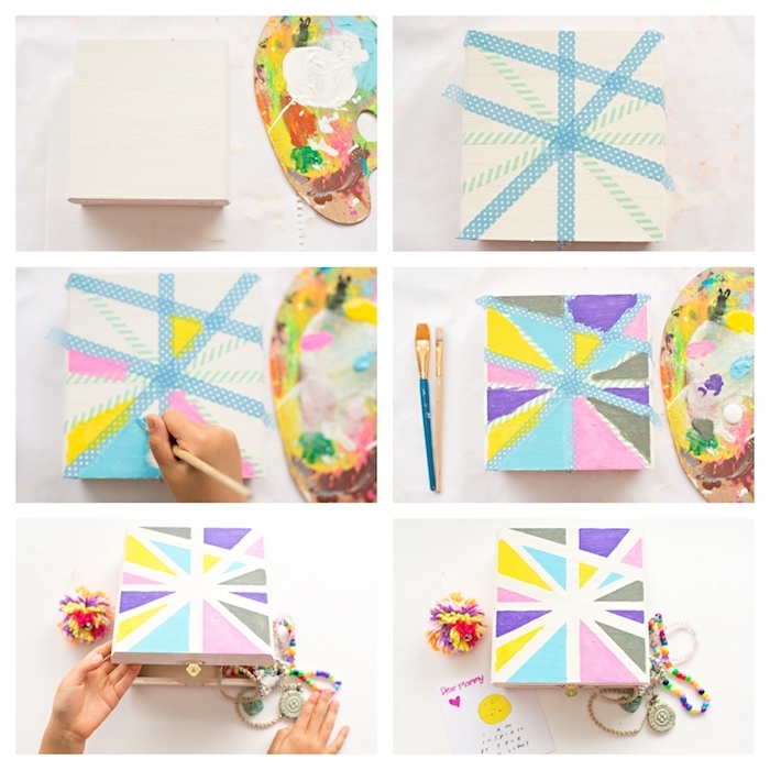 boîte à bijoux diy décorée à motifs géométriques colorés réalisés avec du washi tape, idee cadeau maitresse fait main