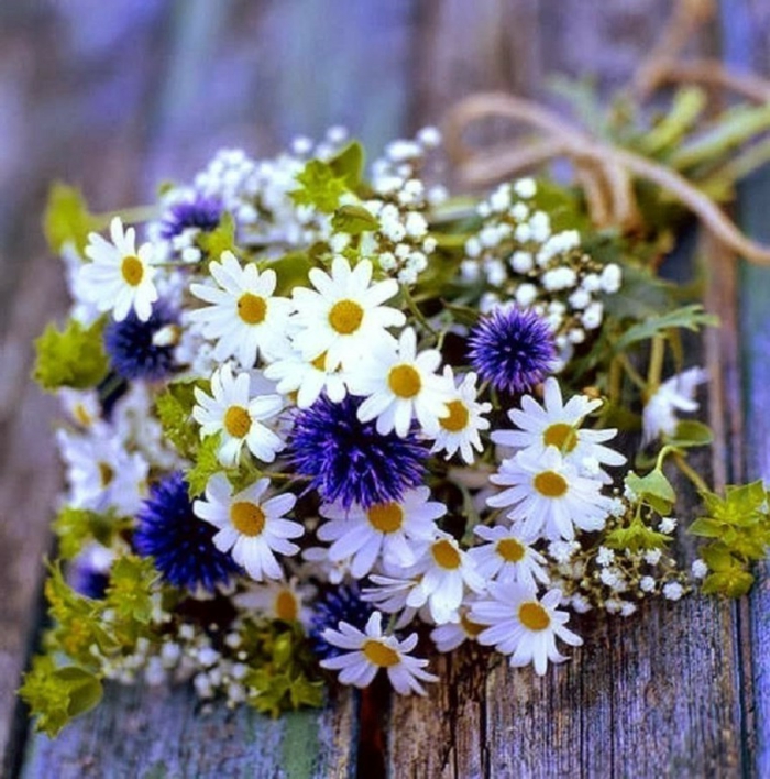 joli bouquet champêtre avec marguerites et fleurs rustiques, gypsophille et ficelle de jute