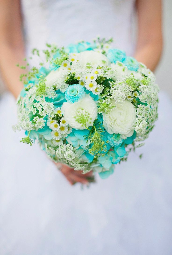 bouquet de mariée rond, marguerites blanches, hortensias bleues, roses blanches