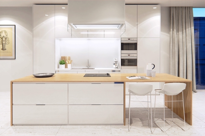 modèle de cuisine moderne blanche avec ilot central blanc et bois, idée comment aménager une cuisine avec ilot