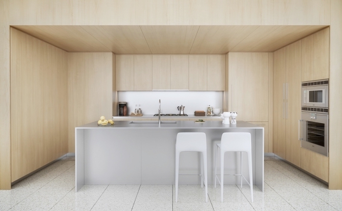 déco de style minimaliste dans une cuisine blanche et bois avec carrelage sol et ilot central, modèle de cuisine équipée