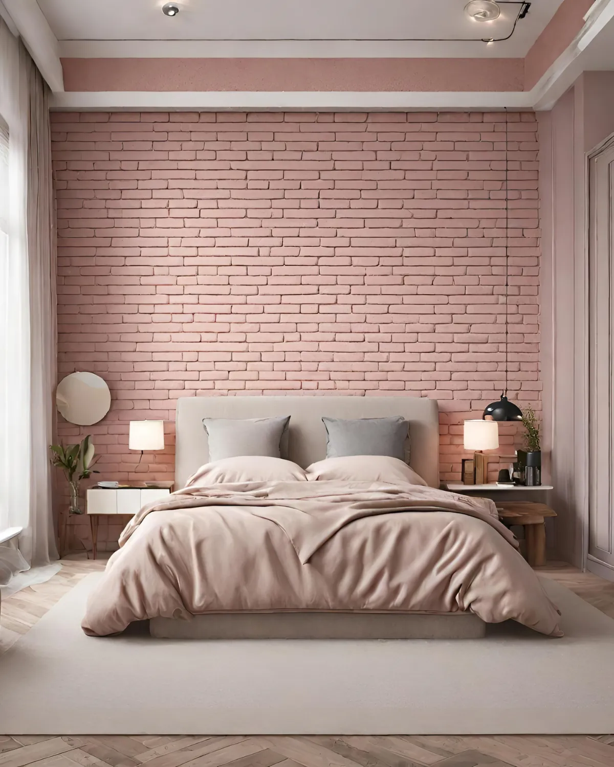 chambre a coucher en rose pale mur en briques literie rose deco