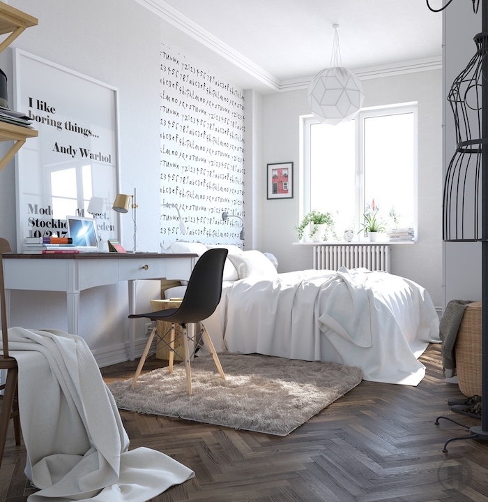 Idée papier peint chambre couleur idéale pour chambre adulte déco nordique lettres sur le mur peinture blanche et bois