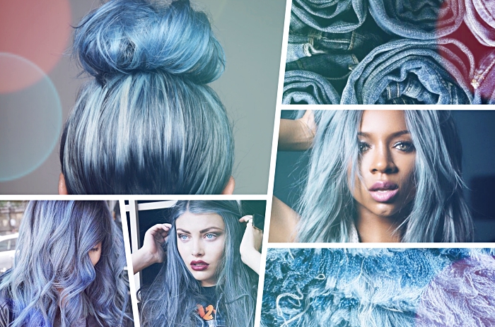 coloration tendance pour cheveux chatain, modèle de teinture bleue aux reflets bleu denim sur cheveux de base noire