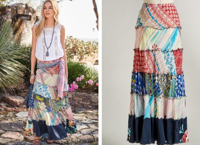 exemple de vetement hippie avec jupe longue en morceaux de tissu colorés combinée avec top blanc à broderie