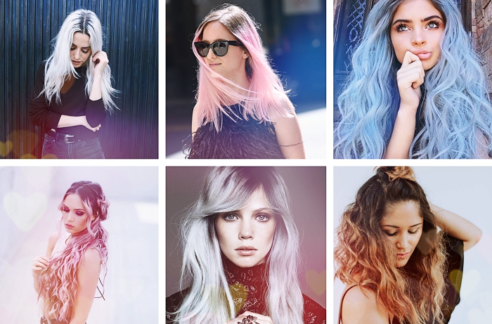 modèles de coiffures sur cheveux aux racines foncées et pointes éclaircies ou colorées en nuances pastel rose bleu