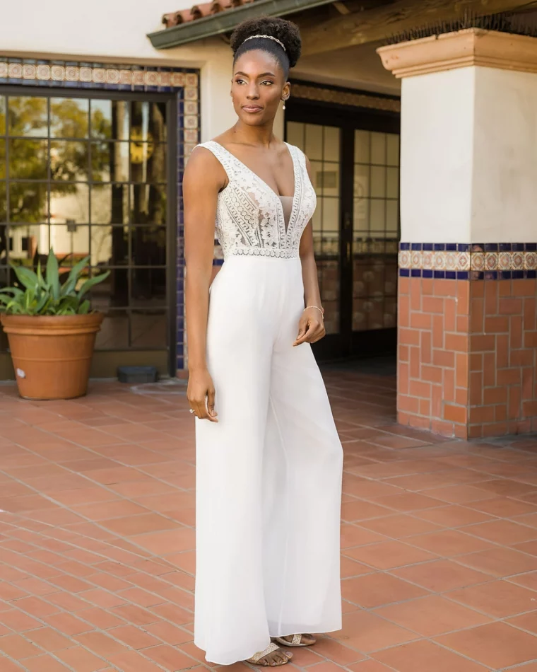 combinaison femme mariage top dentelle broderie pantalon fluide taille haute
