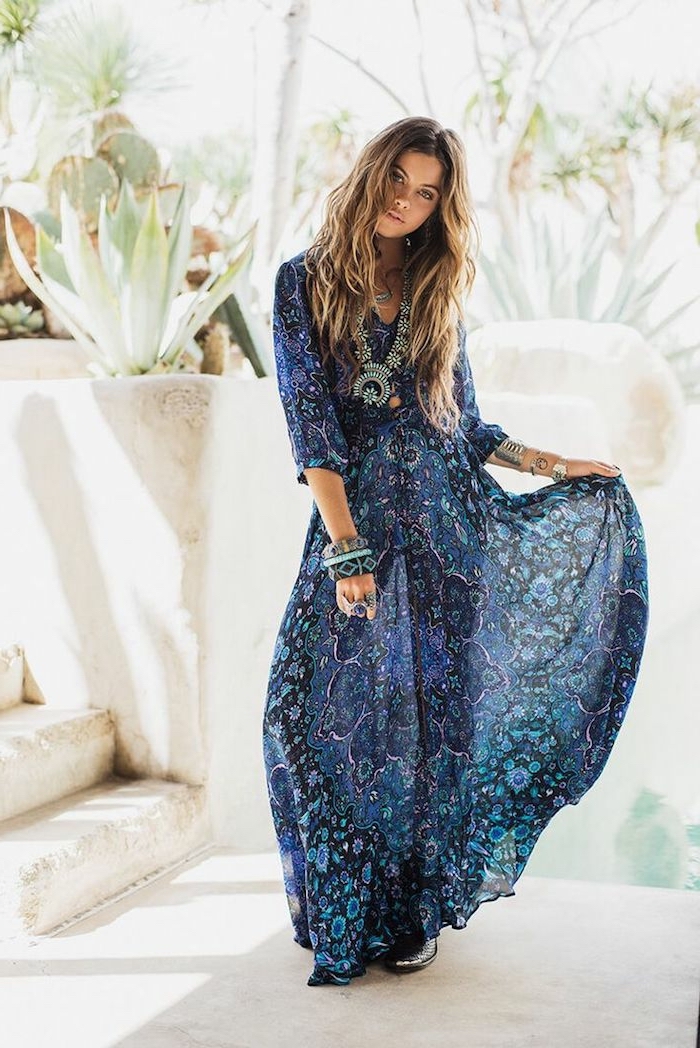 Robe longue hippie chic motif hippie fleurie robe longue fendue tenue de jour femme bohème longue