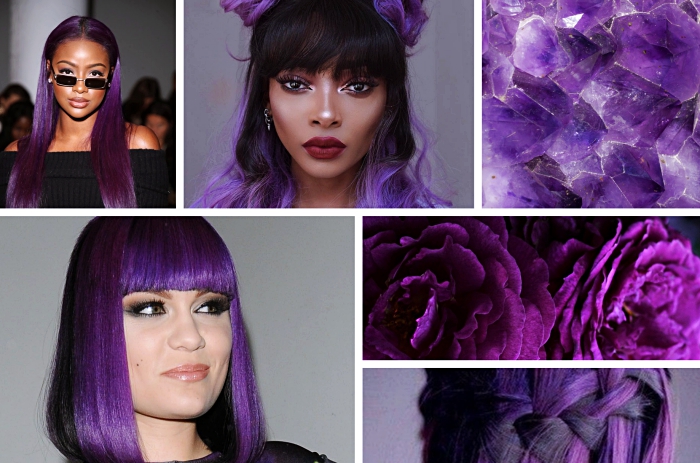 produits de coloration l oreal pour cheveux ultra violet, coiffure de Jessie J aux cheveux noirs et violet avec frange