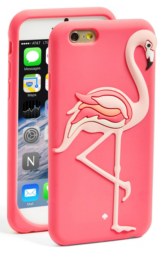 accessoire flamant rose pour mobile avec couverture d'écran en couleur corail, accessoire en silicone coloré, flamant avec jambe levée 