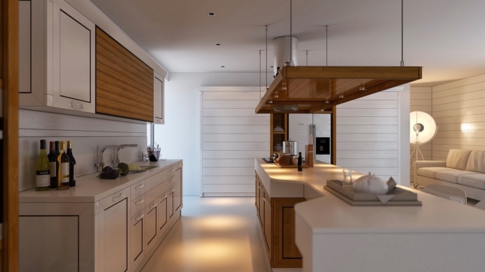 exemple de cuisine blanche et bois avec meubles haut en bois clair et ilot central aux armoires bois et comptoir blanc