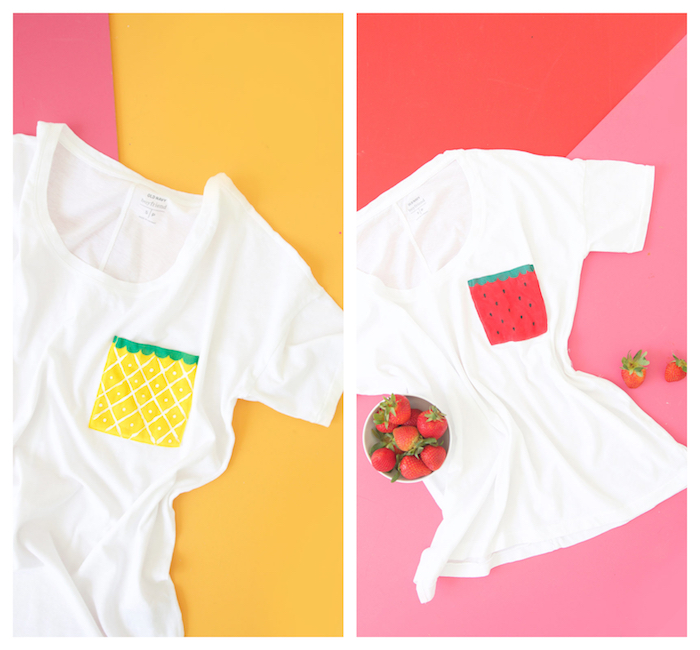 exemple d activité manuelle été, poche tee shirt blanc à motif fraise et ananas en peinture pour tissu