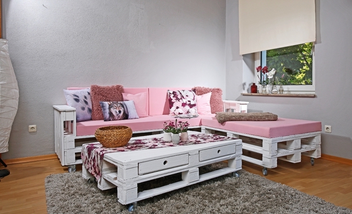 aménagement espace intérieur avec mobilier en palette, modèle de canapé et de table basse en bois peint en blanc