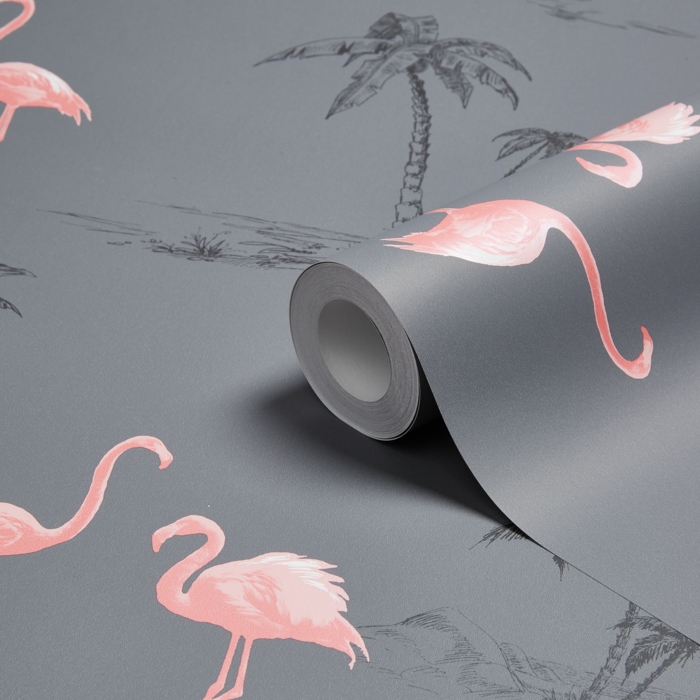 papier peint finition lisse satinée en couleur gris perle, déco flamant rose, objet deco original, deco tropicale, motif feuillage tropical