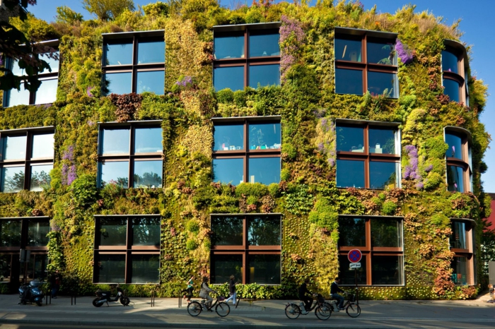 mur vegetal exterieur, immeuble avec des bureaux et centres de commerce, paysage urbain, touffes vertes, nuances qui se fondent délicatement
