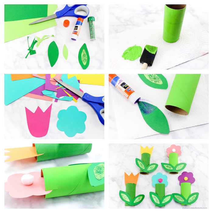 activité manuelle 3 ans facile, bricolage avec rouleaux papier toilette décorés de feuilles vertes et fleur en papier colorée