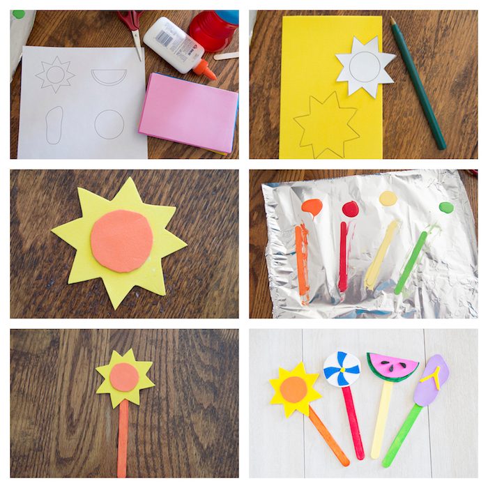 activité manuelle maternelle, batonnets de glace colorés avec motif soleil, pasteque, sandale en papier