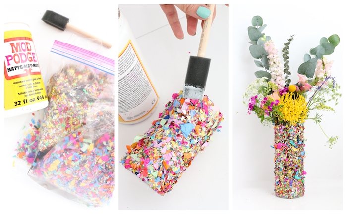 comment faire un vase personnalisé de confettis colorés collés sur sa surface, cadeau maitresse fin d année, bouquet de fleurs