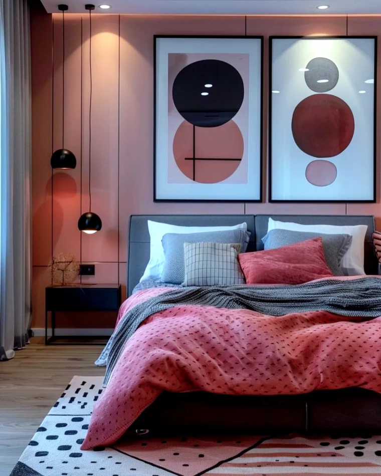 exemple de deco de chambre avec rose blanc et gris
