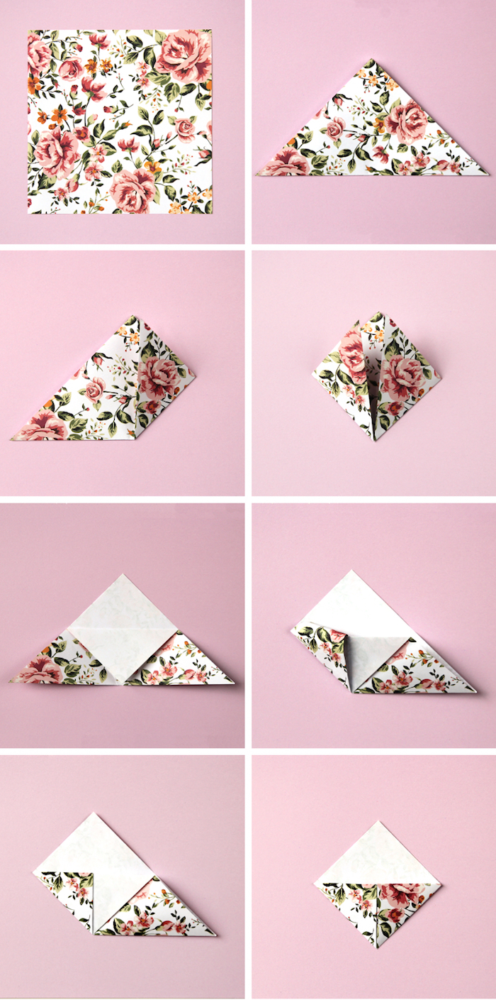 modele de marque page origami a fabriquer soi meme étape par étape, papier à imprimé fleuri carré à plier