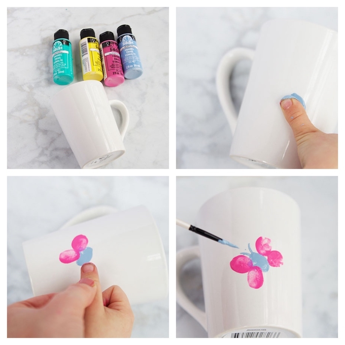 modele de mug maitresse d école personnalisé de motif papillon en empreintes de doigts, dessiner avec de la peinture