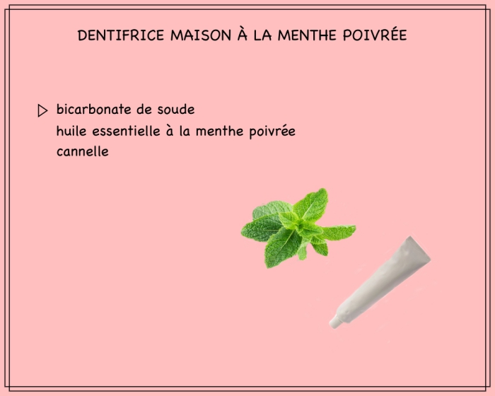 recette facile de dentifrice maison fraîcheur préparé avec du bicarbonate de soude, cannelle et huile essentielle à la menthe douce